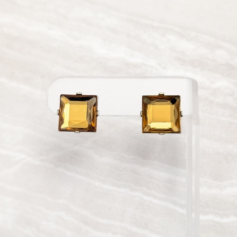 Vintage Stud Earrings Square Shape Yellowy Brown / Amber-ish Tone Retro